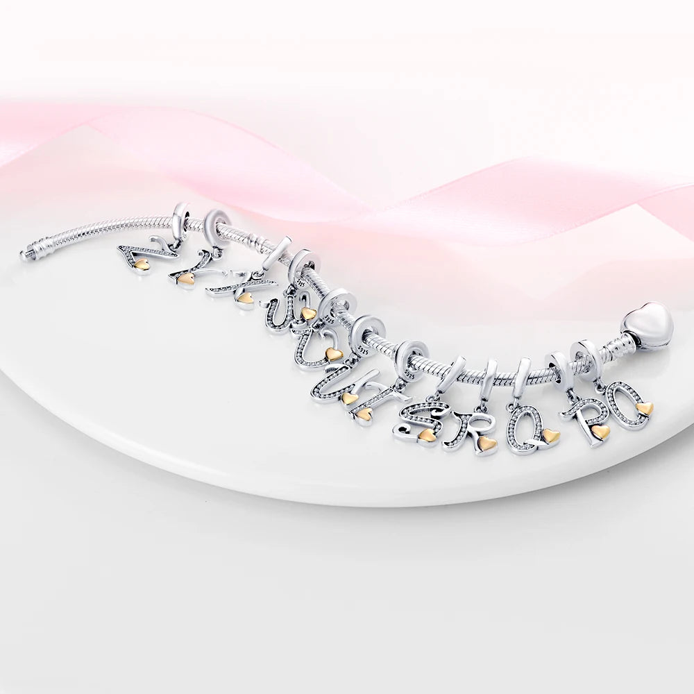 Classic 925 Sterling Silver 26 Gold Color Heart Zircon Letter A-Z Charms Beads Fit Original Bracelets DIY Birthday Jewelry Gift