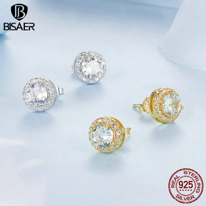 BISAER 925 Sterling Silver Sparkling Zircon Stud Earrings Round Hypoallergenic Stud Ear Plated 18K Gold for Women Fine Jewelry