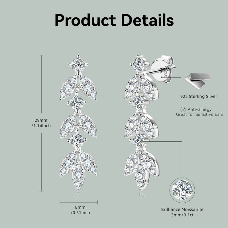 OXTAO GRA D VVS1 Moissanite Earrings For Women Sterling 925 Silver Leaf-shape Drop Dangle Piercing Earrings Fine Jewelry Gift