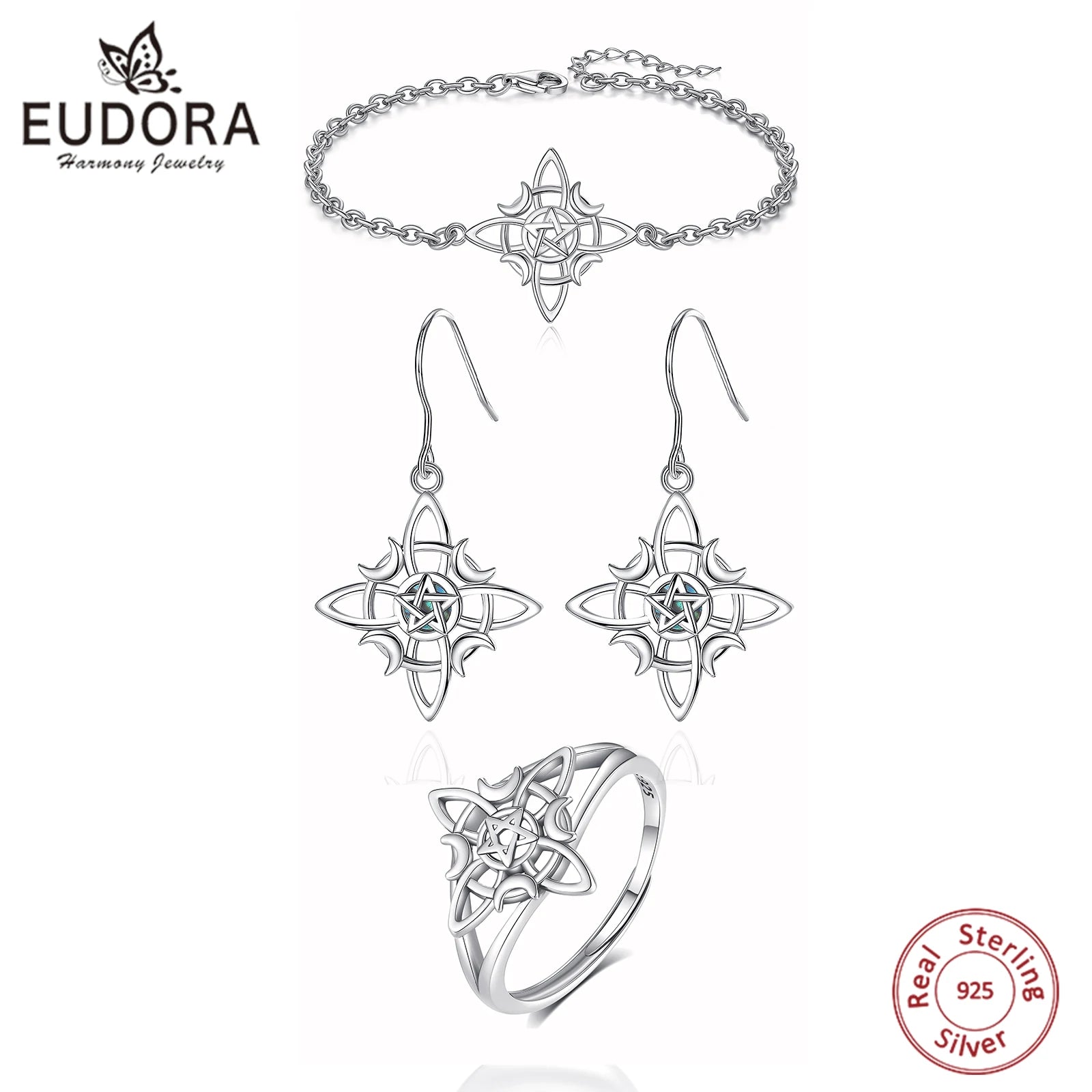 Eudora 925 Sterling Silber Hexenknoten Schmuckset Mond Wicca Amulett Halskette Armband Ohrringe &amp; Ring Feines Geschenk für Frauen