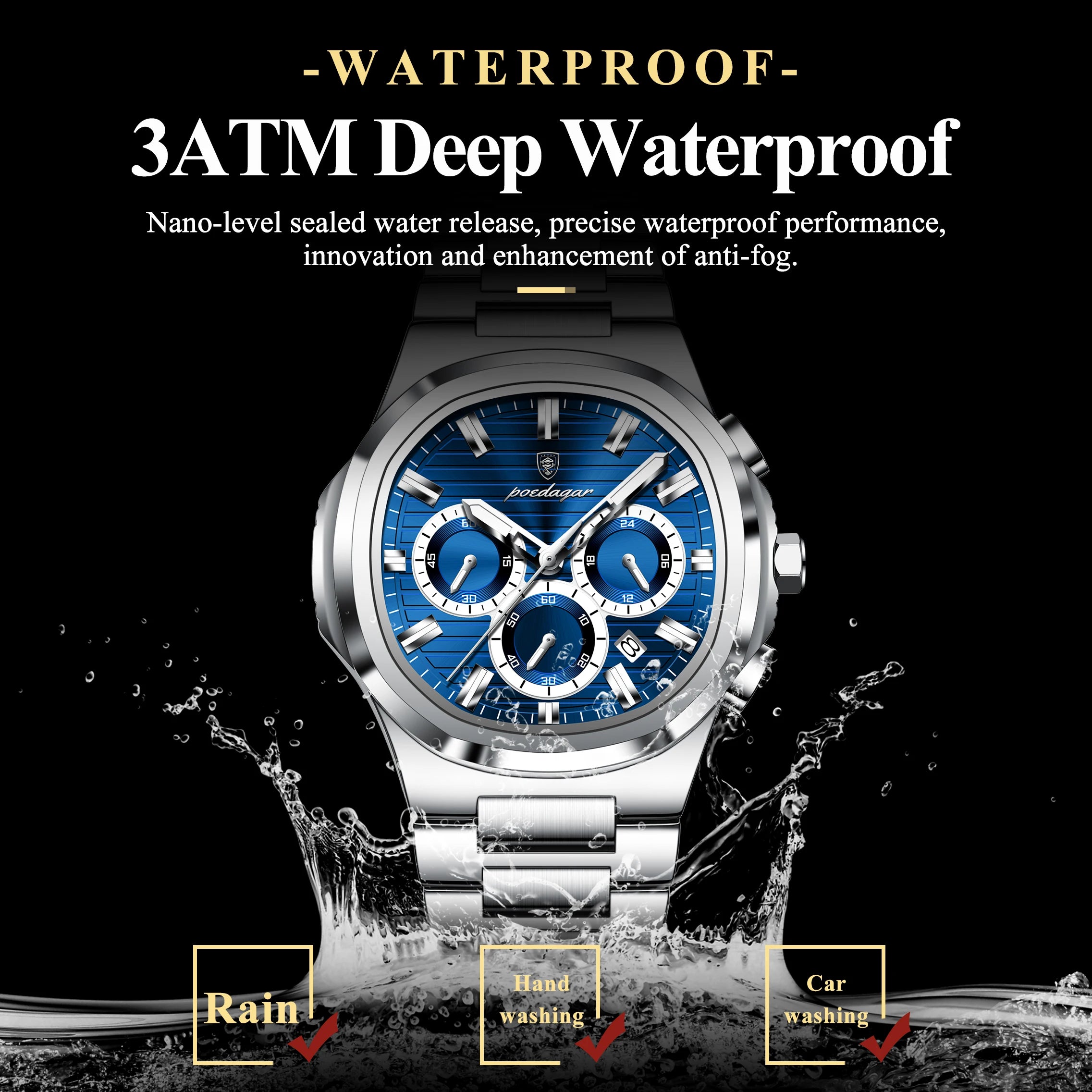 POEDAGAR Business Man Wristwatch Date Chronograph Waterproof Luminous Luxury Men Watch Stainless Steel Quartz Men's Watches Male - Madeinsea©
