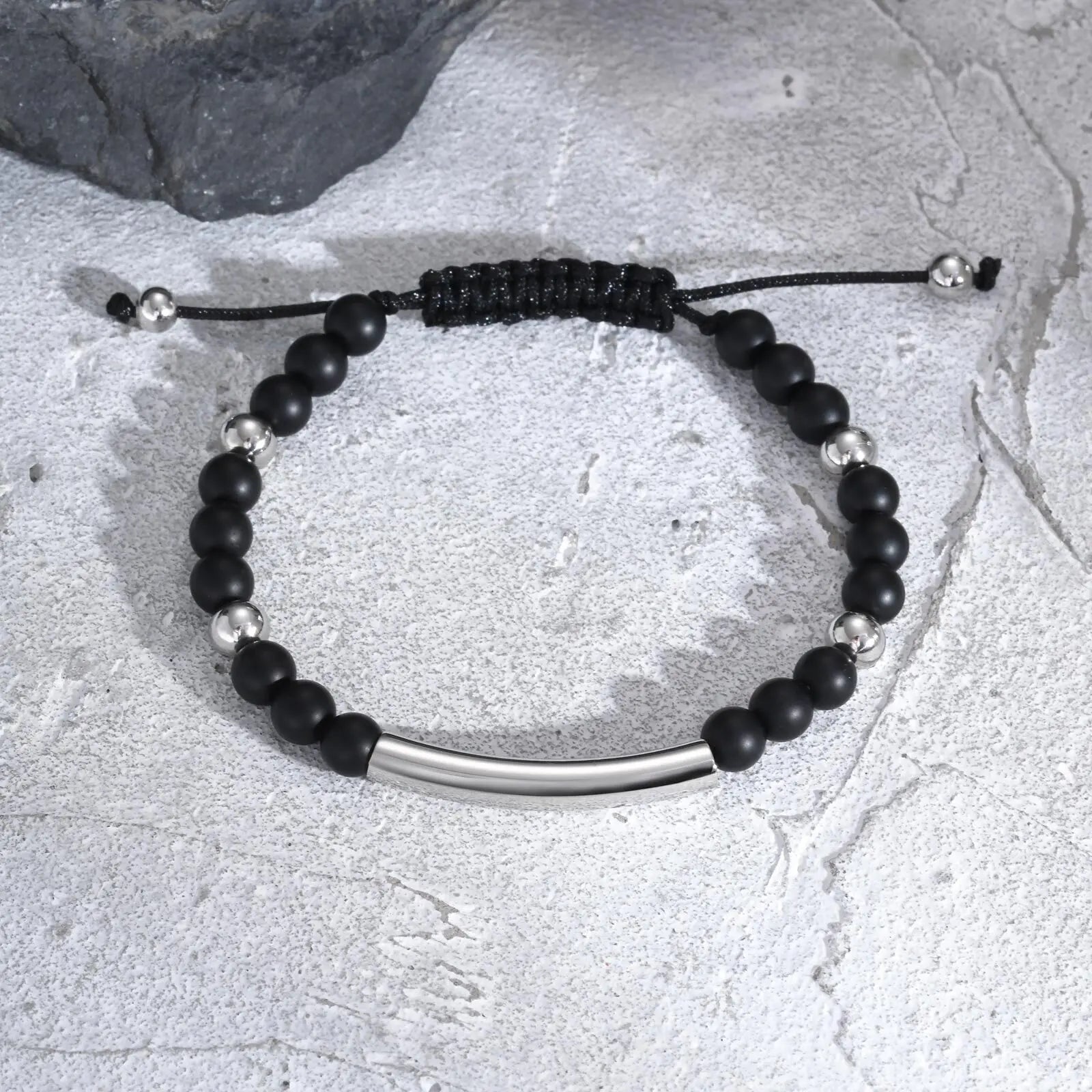 Vnox Free Engrave Words Stainless Steel Bangles, Black Natural Beads Beaded Bracelets, Adjustable Mens Wristband Gift