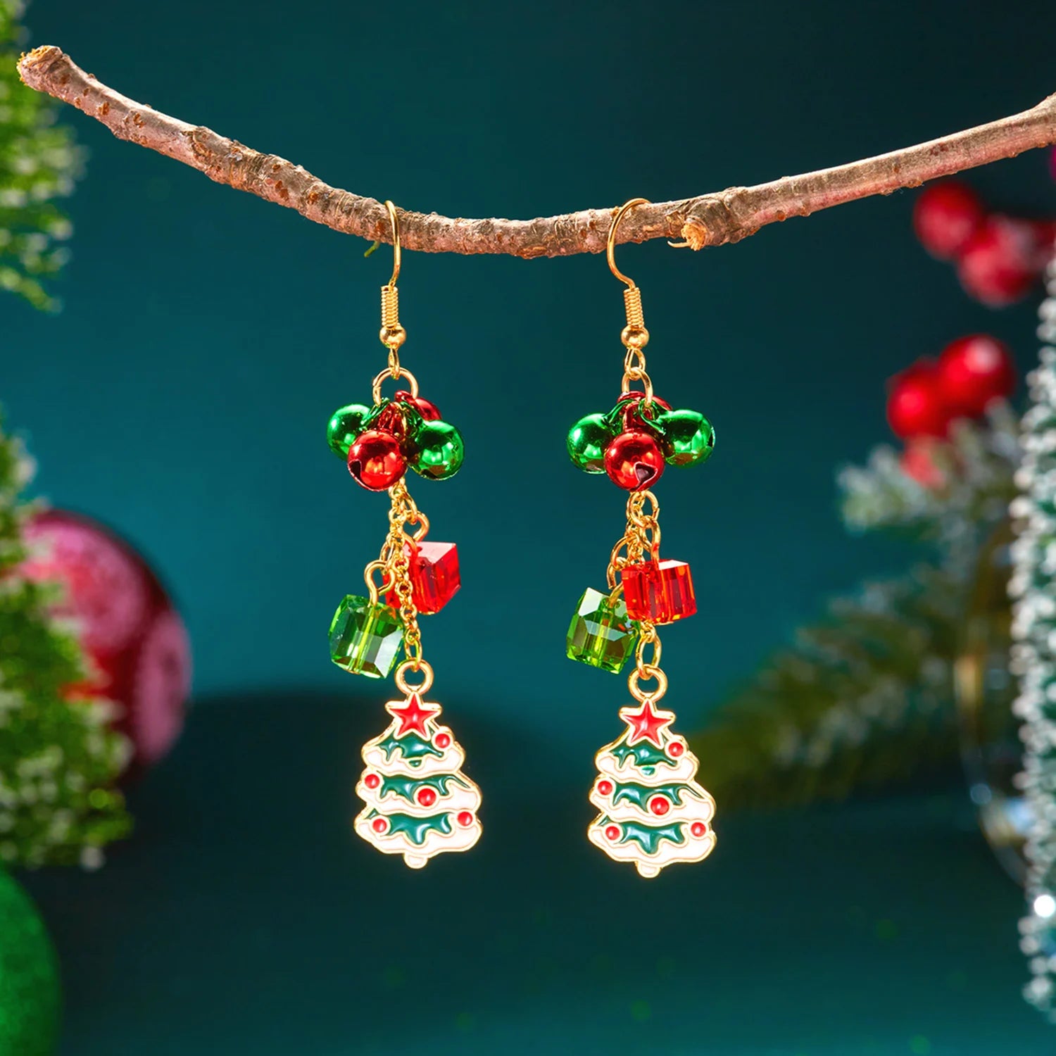 Christmas Colorful Bell Tassel Earrings for Women Zircon Snowflake Xmas Tree Beads Long Earring New Year Festival Party Gifts