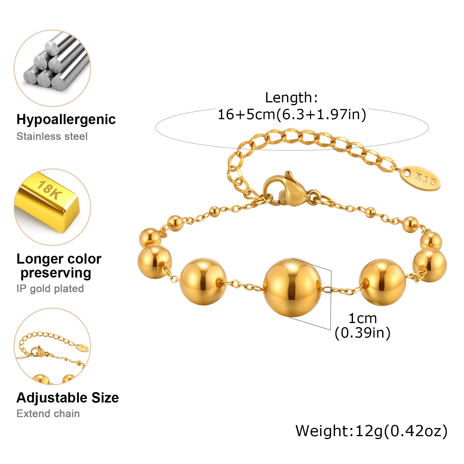 Vnox Big And Small 10 Round Ball Bracelets Stainless Steel Fashion Beaded Chain Bracelet For Women Jewelry Set Party Gifts