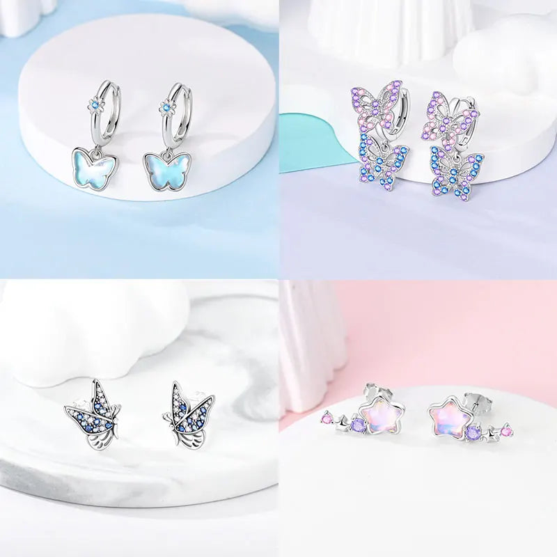 Pink Series 925 Sterling Silver Romantic Flower Butterfly Unicorn Tulip Geometry Earrings Boutique Fine Jewelry Gifts for Women