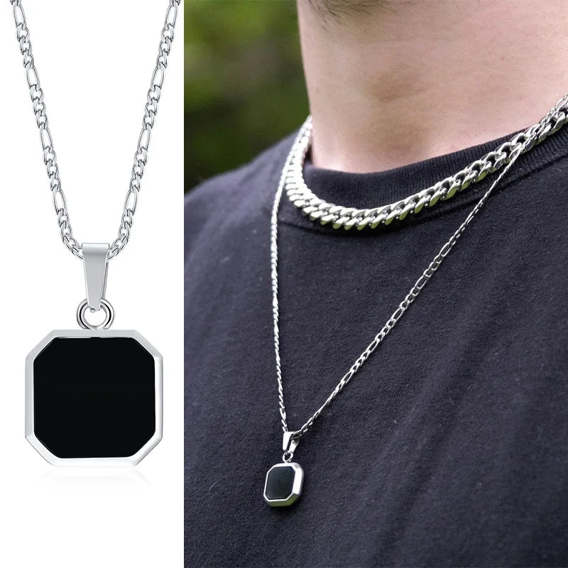 Vnox 2pcs Necklaces Set for Men, Geometric Square Pendant with 55cm Rope Box Cuban Chain, Simulated Pearl Chain Steel Collar