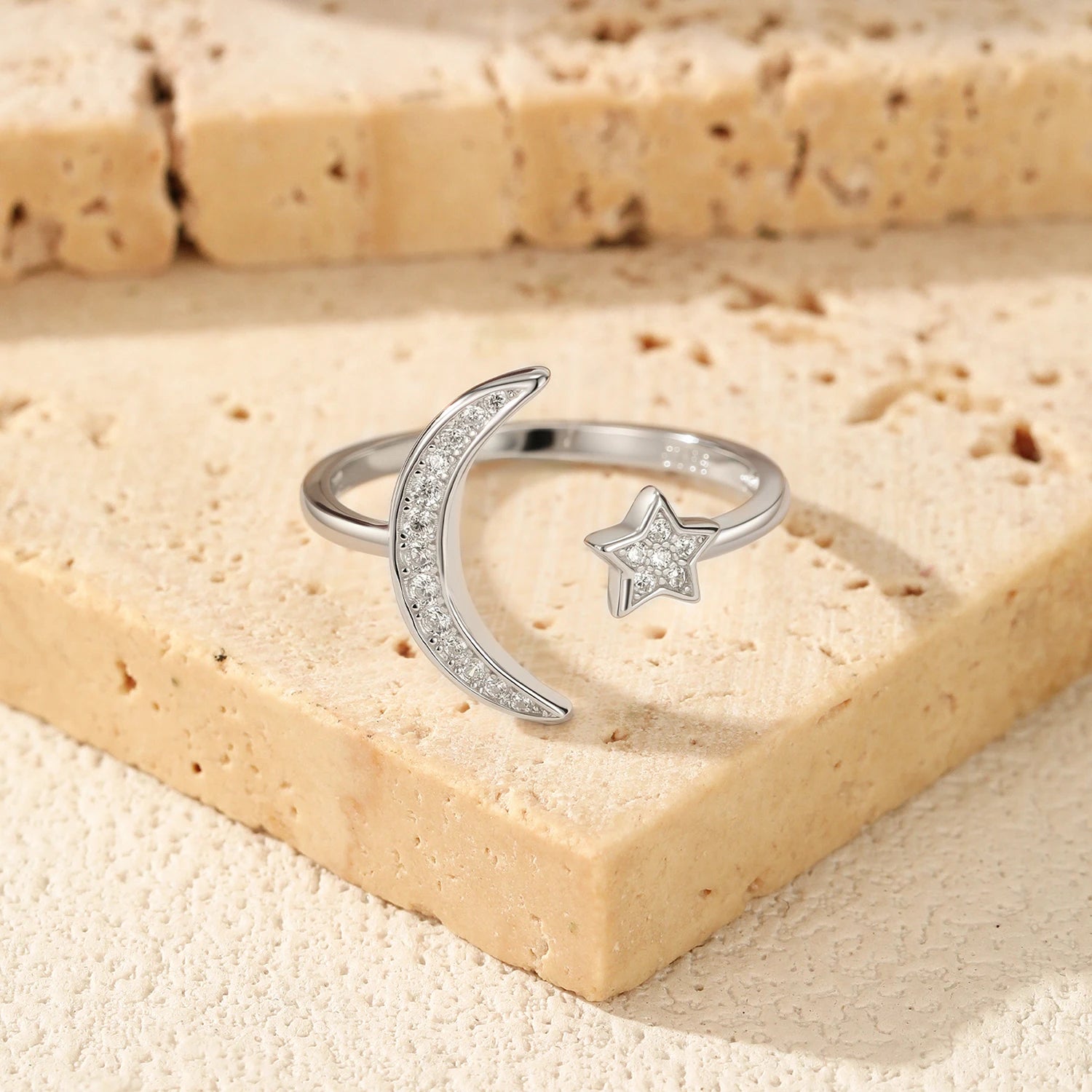 MODIAN 925 Sterling Silver Trendy Adjustable Rings Delicate Moon Stars CZ Finger Rings For Women Stackable Fine Jewelry