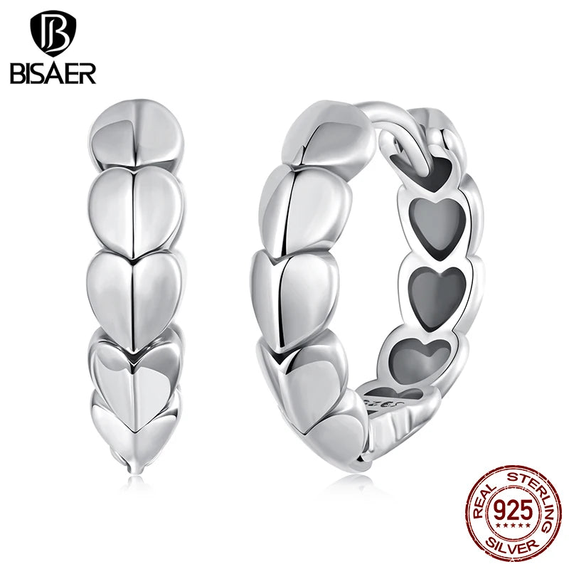 BISAER Solid 925 Sterling Silver Heart Hoop Earrings Symbol of Eternal Love Stud Earrings for Women Party Fine Jewelry ECE1905