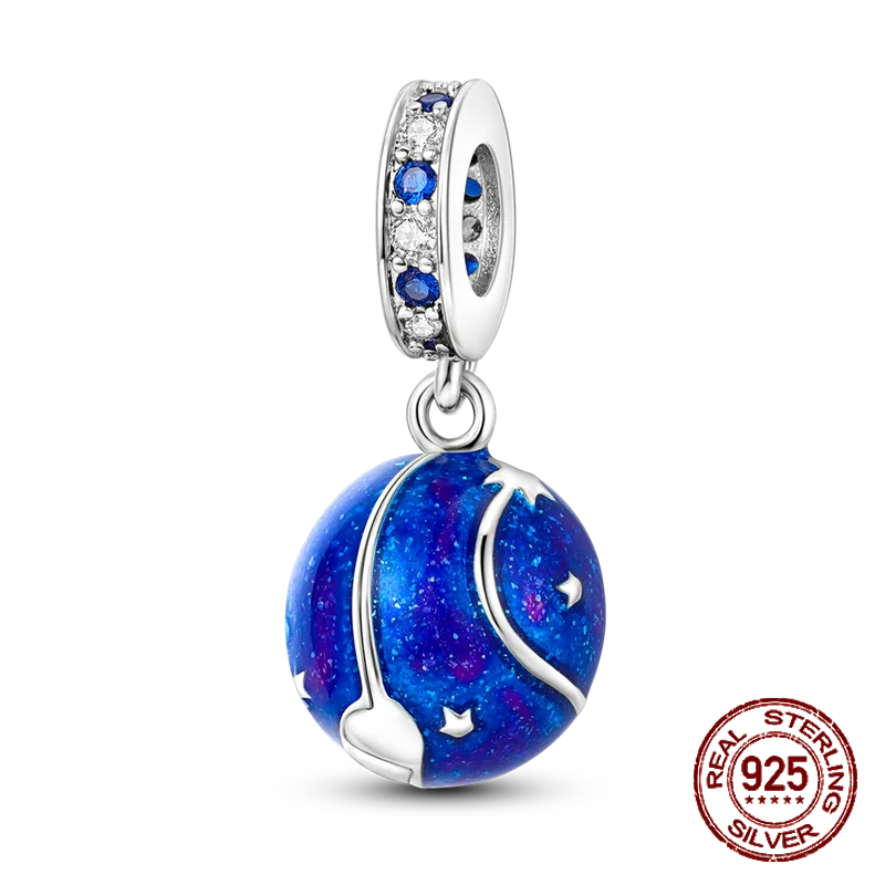Breloque en argent sterling 925 représentant la lune, l'étoile, l'avion, l'espace, série bleue, compatible avec les bracelets Pandora originaux, bijoux à offrir