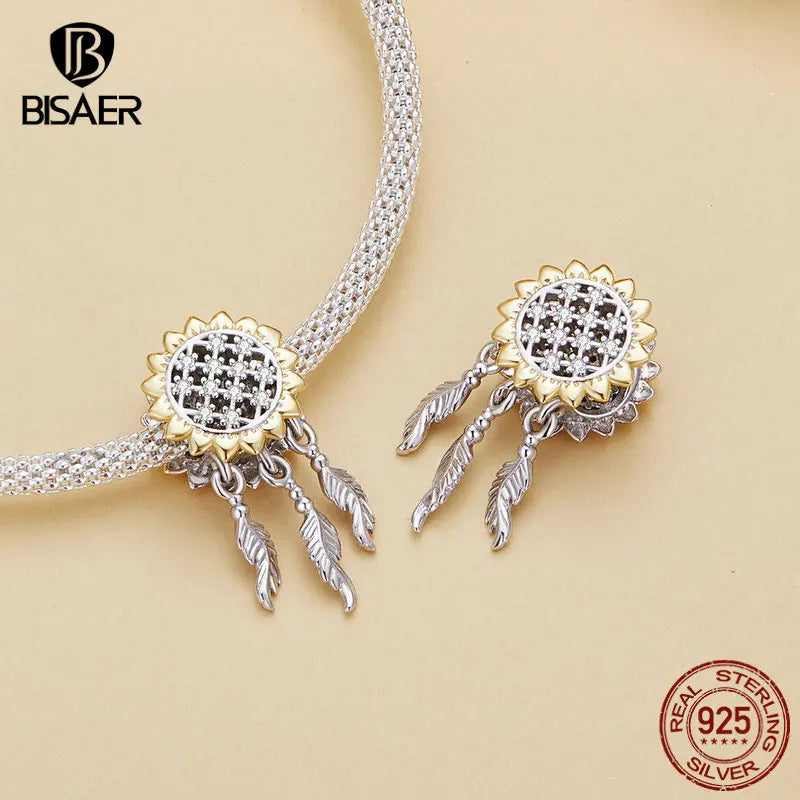 BISAER 925 Sterling Silver Sunflower Dream Charm Bead Daisy Bee Pendant Safety Chain Plated Gold Fit Girl Bracelet Fine Jewelry