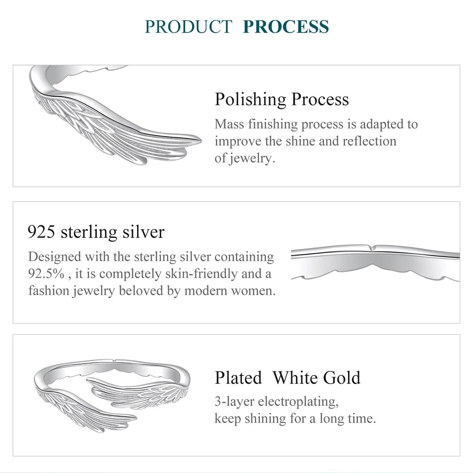 WOSTU Angel Wing Adjustable Ring for Women, 925 Sterling Silver Open Band Feather Rings Detail Jewelry Unique Party Gift New