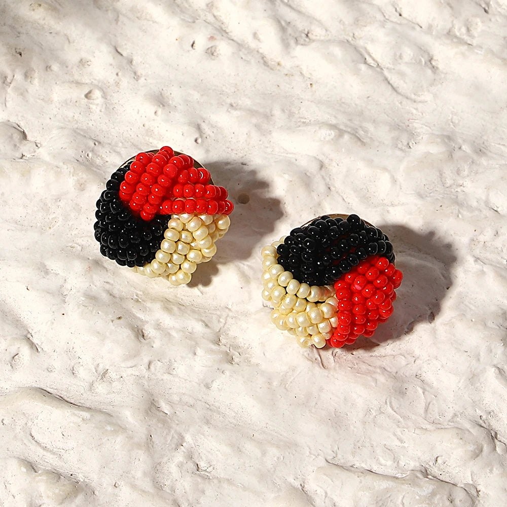 AENSOA Candy Color Seed Beaded Knot Stud Earrings for Women Girls Tricolor Handmade Braided Round Earrings Summer Beach Jewelry