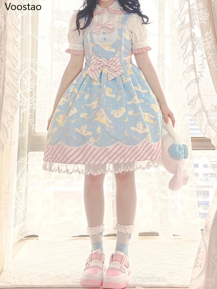 Sweet Lolita Style Cartoon Print Princess Dress Women Cute Bow Lace Party Strap Dresses Girly Harajuku Kawaii Y2k Mini Vestidos - Madeinsea©