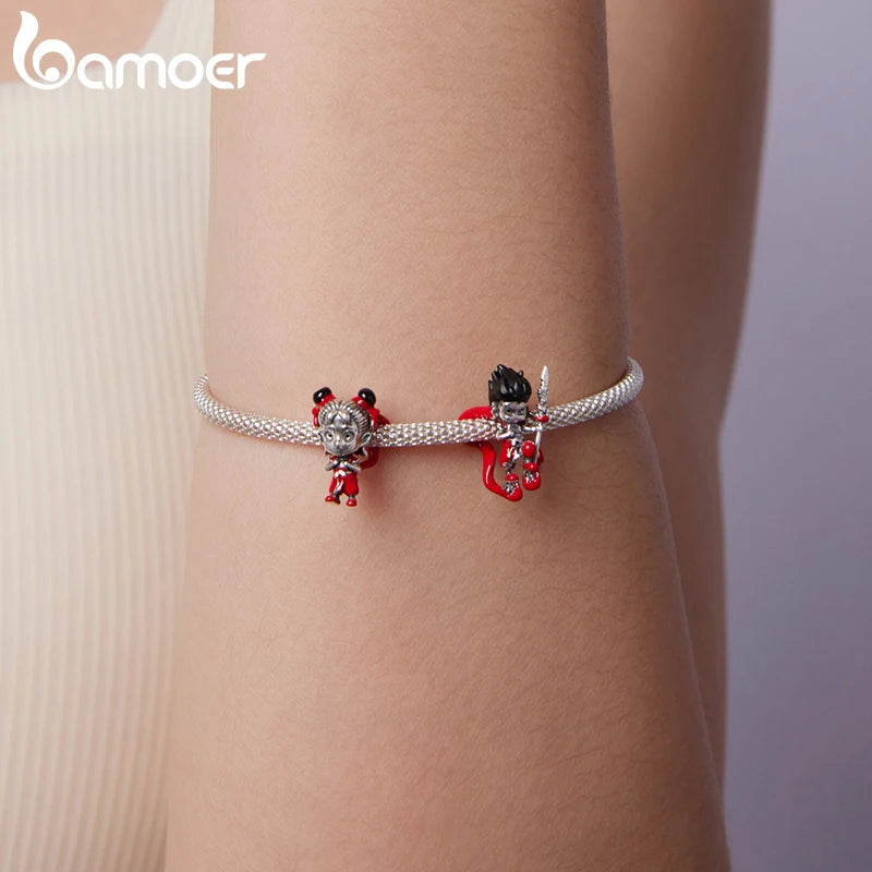 BAMOER Anhänger „Nezha“ aus rotem Emaille, Herz- und Schwertmotiv, chinesische Figuren, Perlen, passend für Originalarmbänder, DIY-Schmuckgeschenk