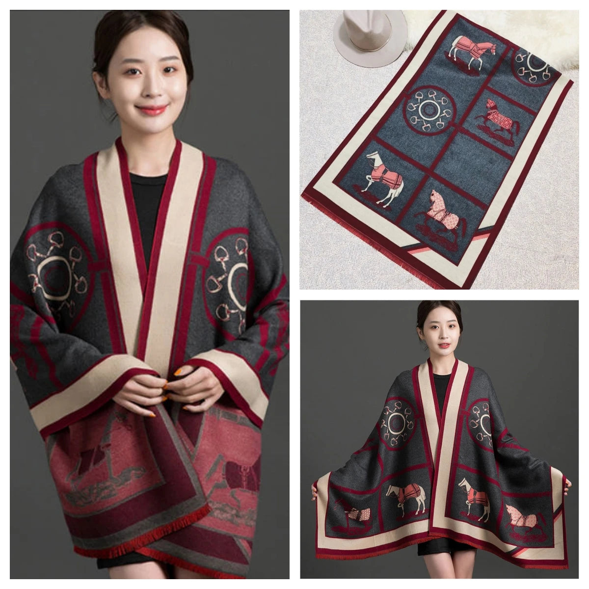 Women's Autumn Winter Horse Pattern Scarf New Luxury Cashmere Feeling Large Blanket Wrap Soft Warm Brand Shawl Retro & Classical - Madeinsea©