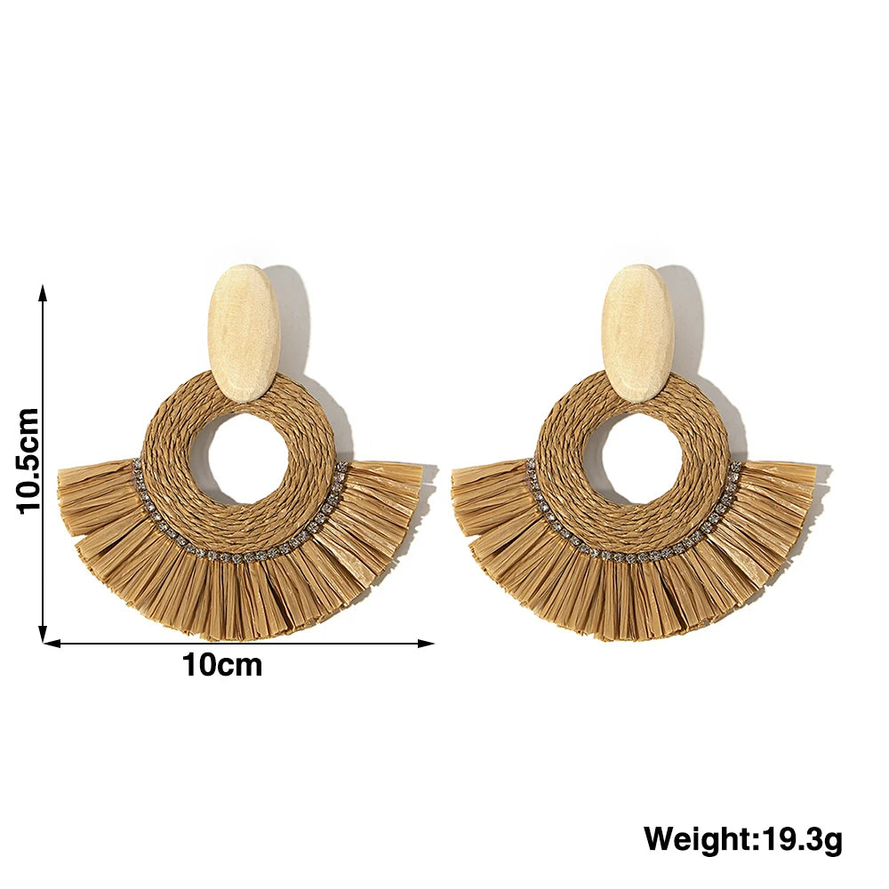 AENSOA Handmade Woven Rattan Knit Raffia Wooden Drop Earrings for Women Bohemian Circular Fan Shaped Statement Earrings Jewelry