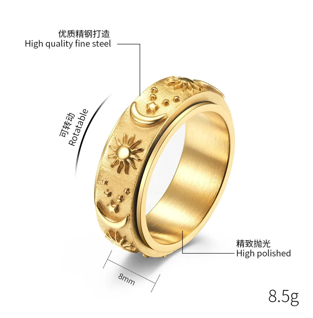 MKENDN High Quality Stainless Steel Embossed Star moon sun Rotatable Ring For Men Women Fashion Finger Jewelry Gifts