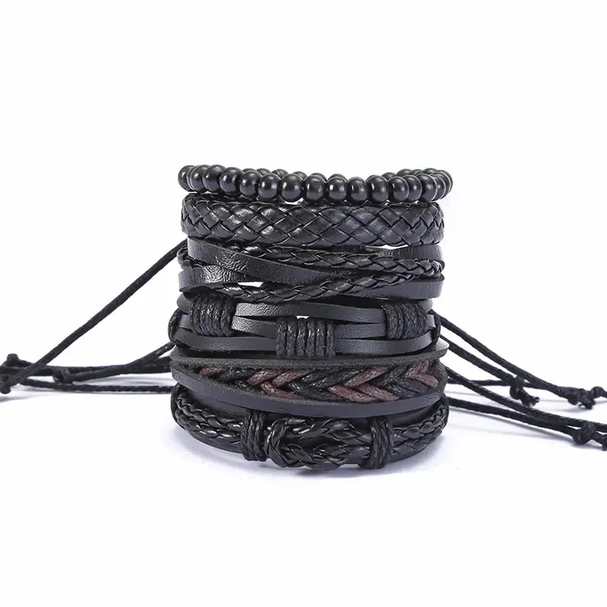 6pcs Men's PU Leather Punk Street Style Black Handmade Men Minimalist Twist Bracelet