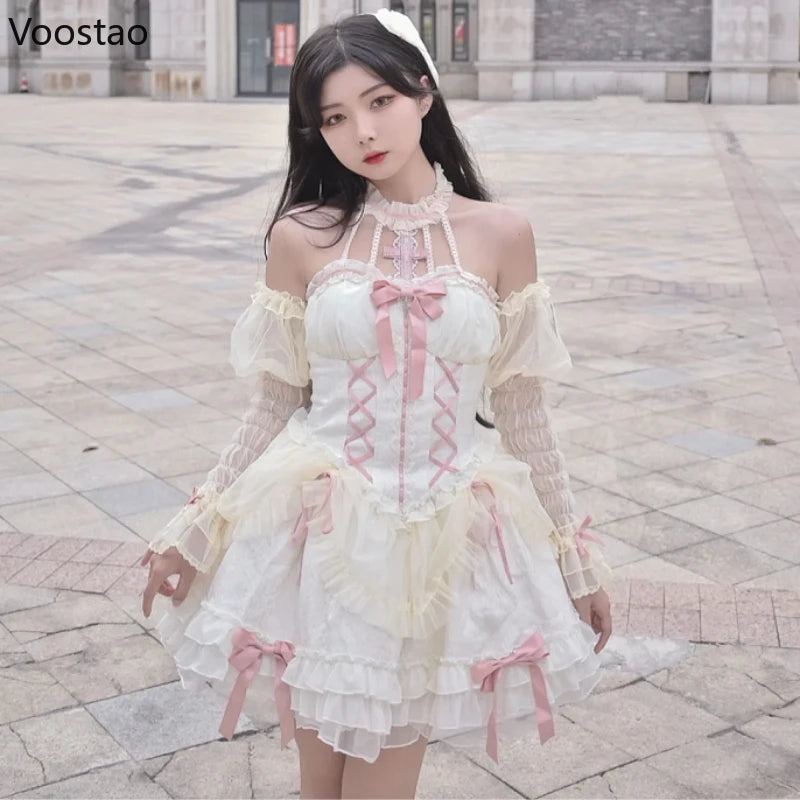 Gothic Lolita Princess Dress Women Sweet Bowknot Cross Lace Ruffles Evening Party Dresses Japanese Harajuku Y2k Bandage Vestidos