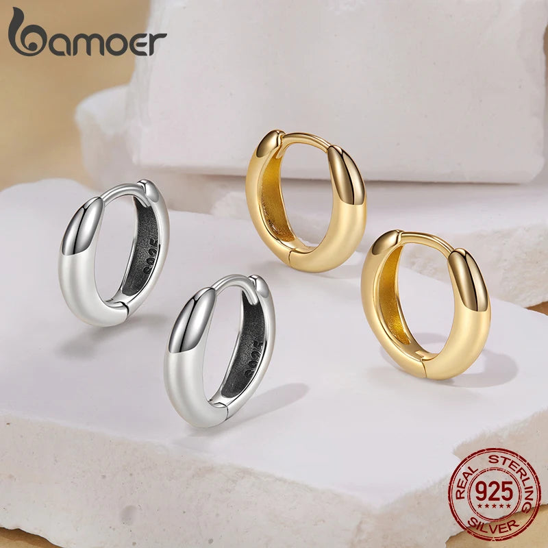 BAMOER 925 Sterling Silver Glossy Ear Cuff for Women, 18K Gold Geometric Metallic Huggies Earrings Minimalist Daily Jewelry Gift