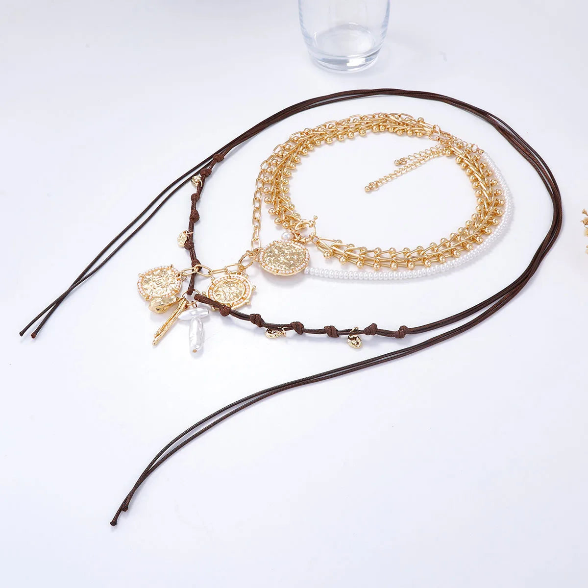 ZAA Retro Personalized Geometric Badge Imitation Pearl Pendant Women's Multi Layer Necklace