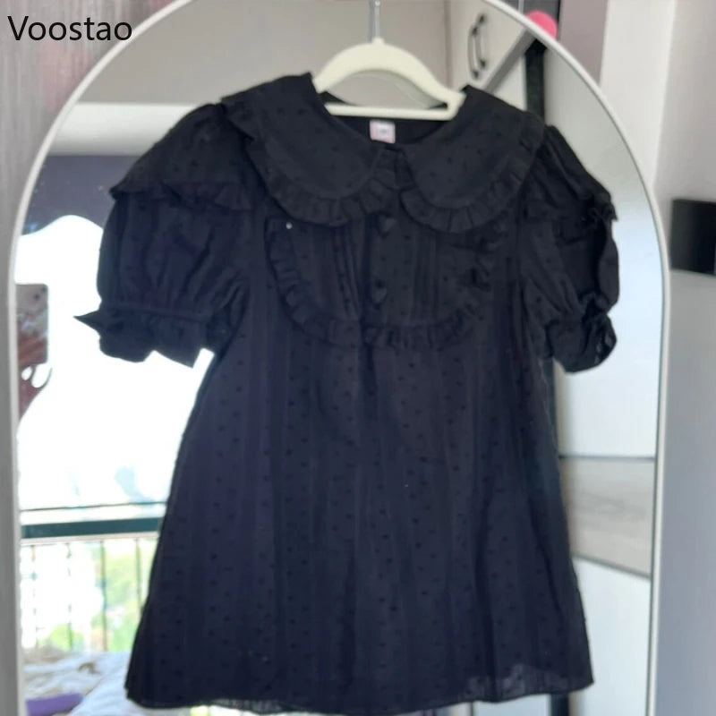 Japanische Sweet Lolita Blusen für Damen, niedliche Rüschen, Peter-Pan-Kragen, Puffärmel, JK-Shirts, Vintage-Kawaii-Tops für Mädchen, lockere Passform.