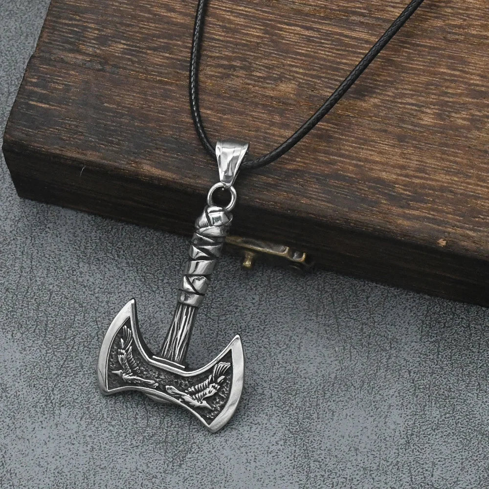 Odin Raven Double Axe Vintage Viking Pendant Stainless Steel Celt Knot Necklace Men's Scandinavian Jewelry Gift