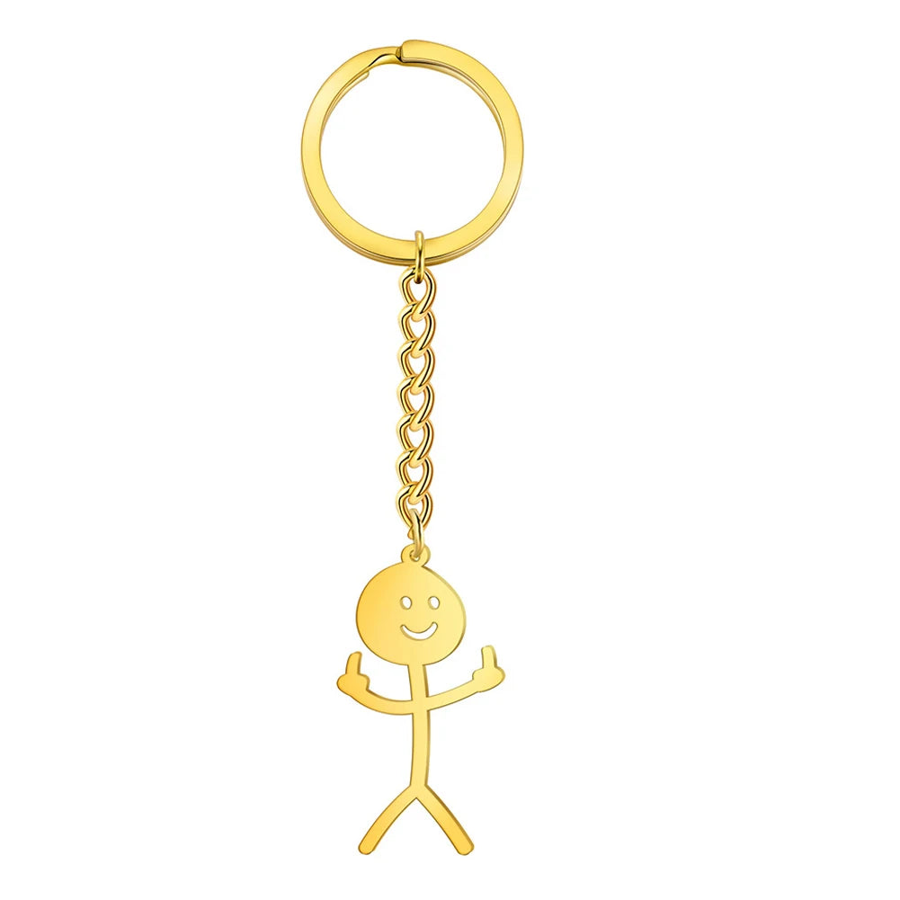 Hip Hop Funny Middle Finger Stickman Keychain for Men Women Stainless Steel Silver Color Pendant School Bag Car Keyrings Gift