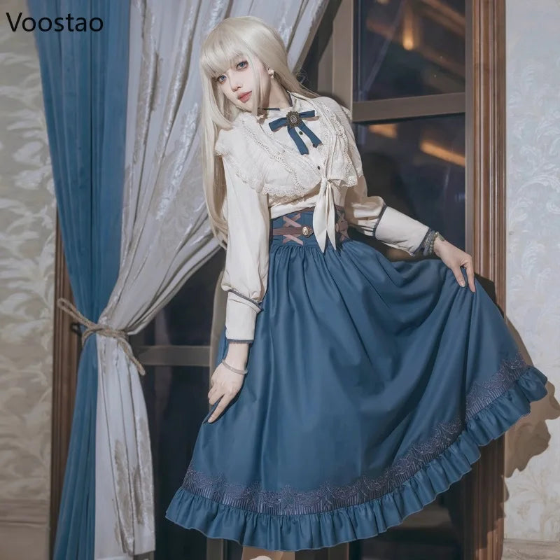 Vintage Elegant Lolita Dress Set Women Sweet Princess Bow Lace Ruffle Shirt Y2k Slim Skirt 3 Piece Set Punk Gothic Party Outfits