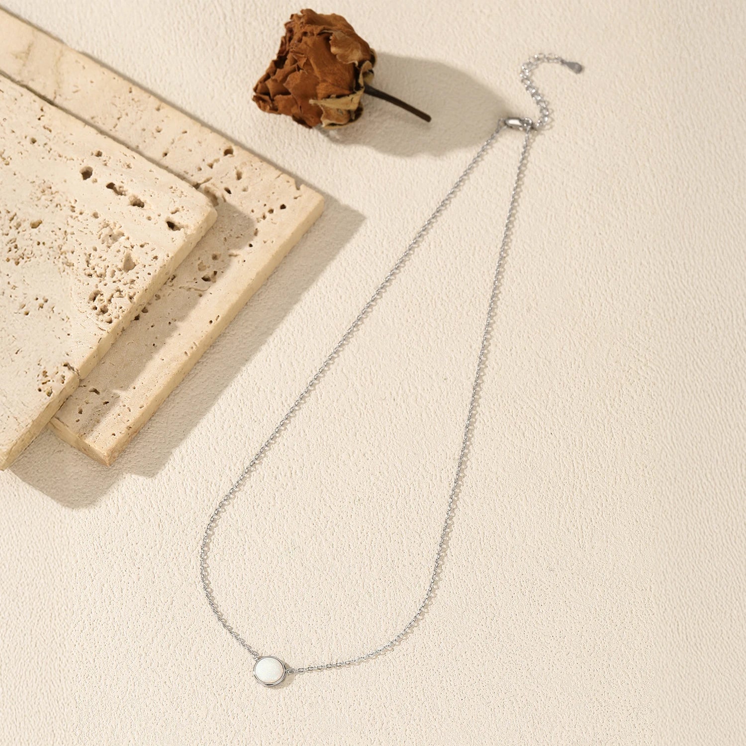 MODIAN 925 Sterling Silver Round Opal Link Chain Pendant Necklace Fashion Daily Stackable Necklaces For Women OL Fine Jewelry