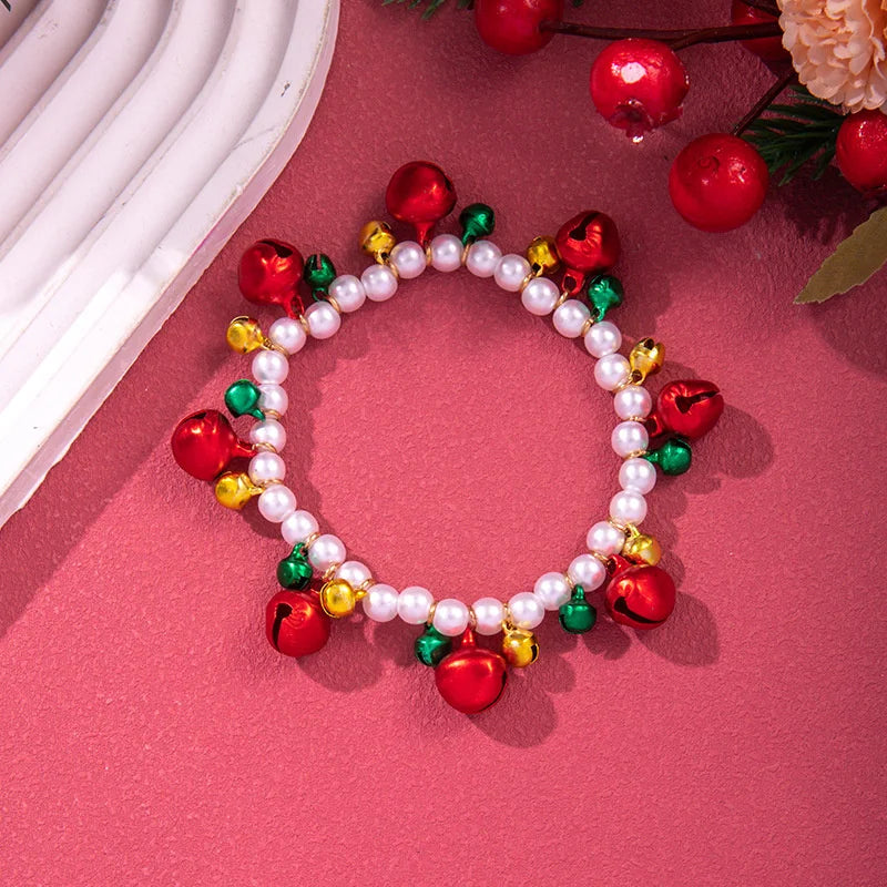 Christmas Multicolor Beads Beaded Bracelet For Women Shiny Crystal Zircon Elk Bell Star Imitation Pearl Bangle New Year Jewelry