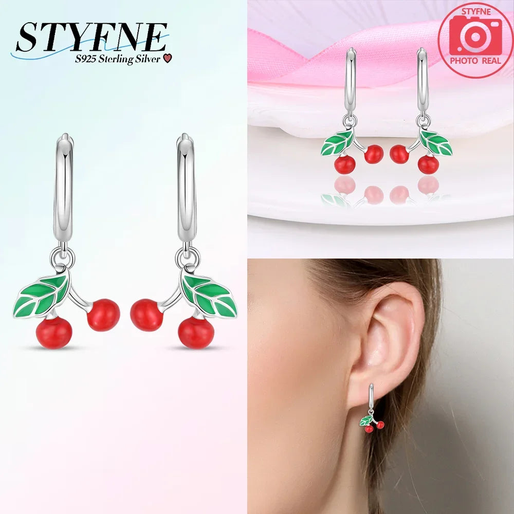 Earrings Woman 925 Silver Cherry Pear Apple Butterfly Sunflower Hoop Earrings for Women Engagement Birthday Fine Jewelry Gift