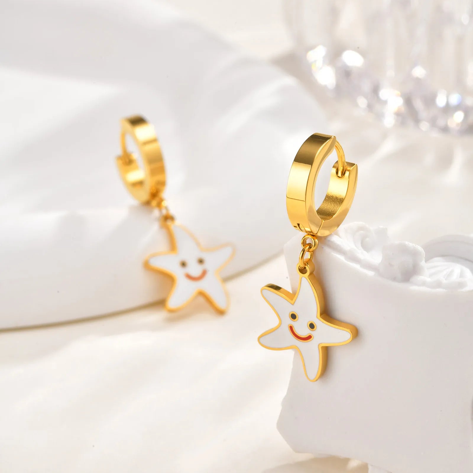 Vnox Sweet Star Smile Drop Earrings For Women Girls,Stainless Steel Hoop Simple Pendent,Gold Plated Jewelry Hypoallergenic