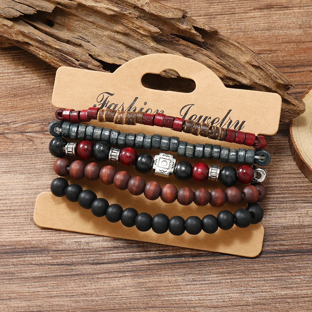 4Pcs/ Set Braided Wrap Leather Bracelets for Men Vintage Life Tree Rudder Charm Wood Beads Ethnic Tribal Wristband Rope Bracelet