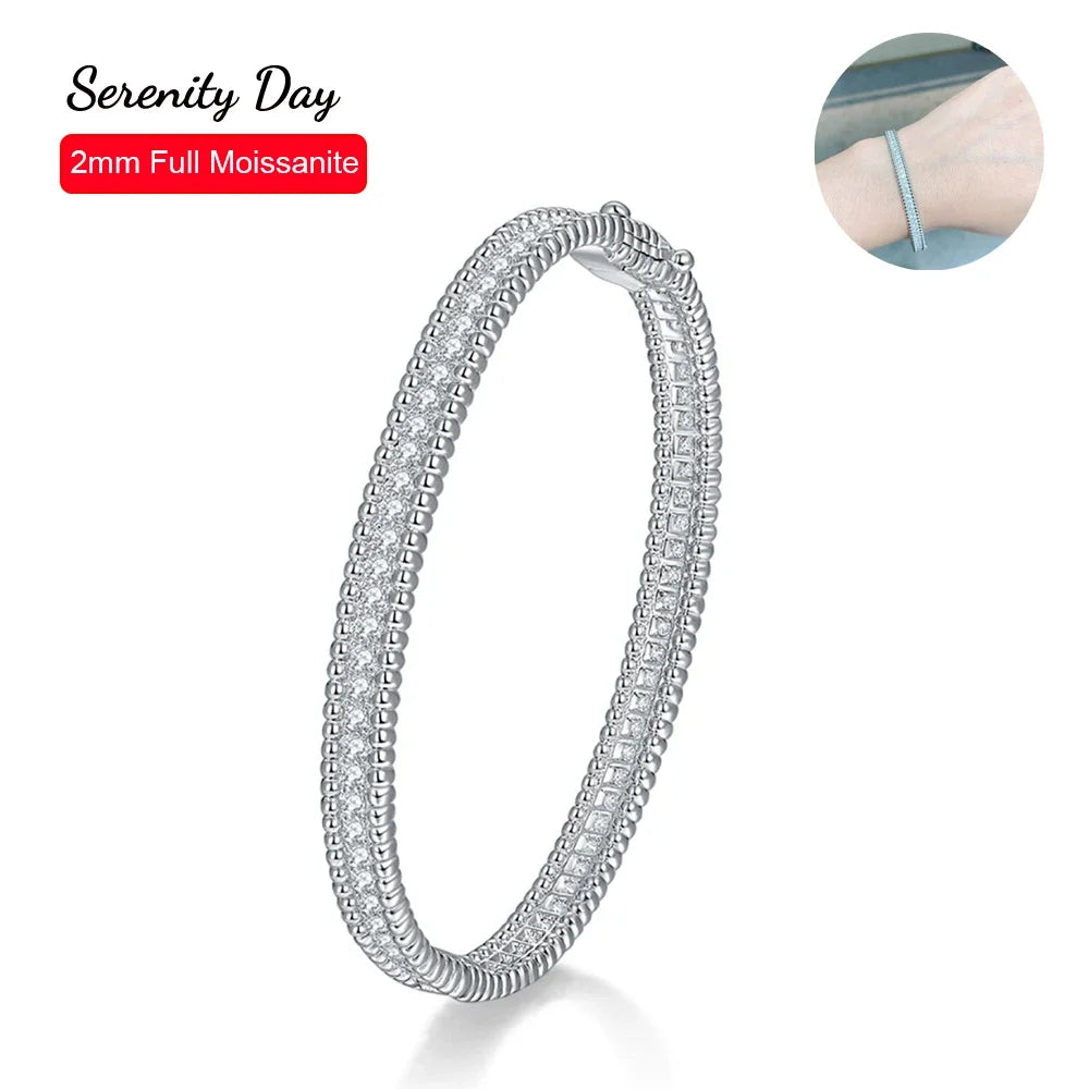 Serenity 2mm D Moissanite Hoop Bangle For Women Man Gift S925 Sterling Silver Bracelet Hand Circles Joker Fold Wear Fine Jewelry