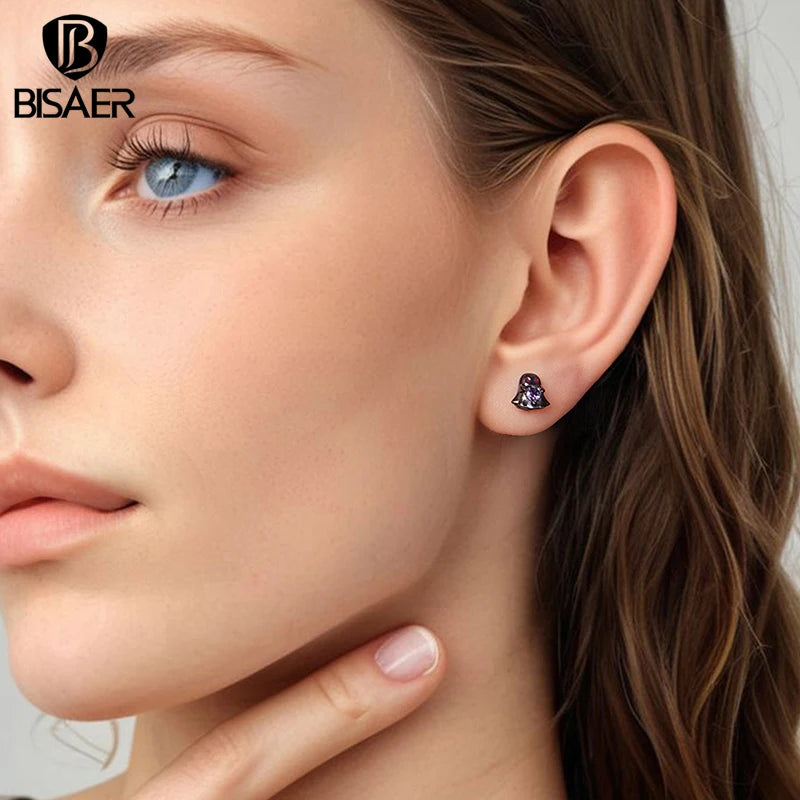 BISAER 925 Sterling Silver Ghost Stud Enamel Black Process Earrings for Women Party Fine Jewelry Halloween Gifts ECE1961