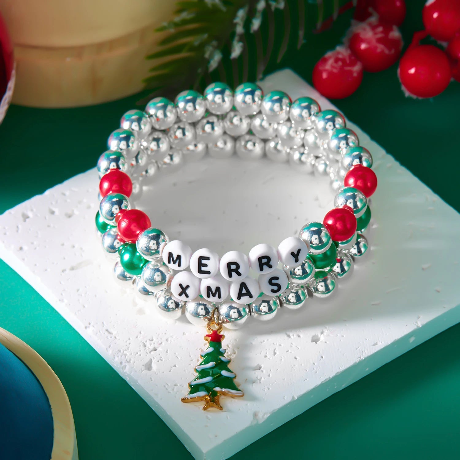 3Pcs Christmas Bracelet Set For Women Colorful Beaded Santa Claus Xmas Tree Snowflake Snowman Pendant Bracelets Festival Gifts