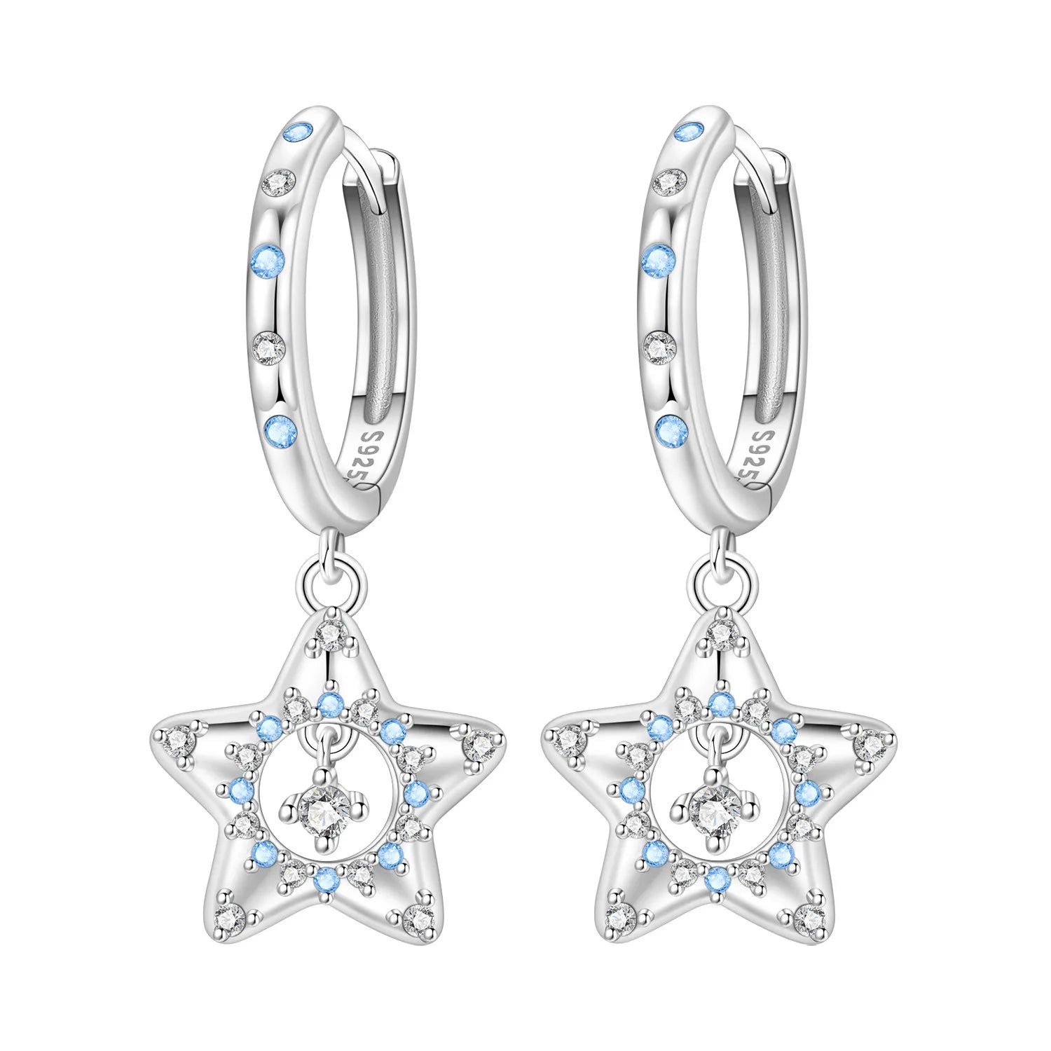 PANPOKI 925 Sterling Silver Sparkling Blue Zircon Star Drop Earrings Women Earrings Charm Fashion Versatile Party Jewelry Gifts