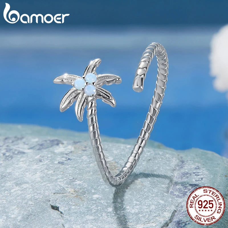 BAMOER 2025 Solid 925 Sterling Silver Cute Coconut Tree Adjustable Rings Lovely Plant Open Ring Jewelry for Women SCR1118-E