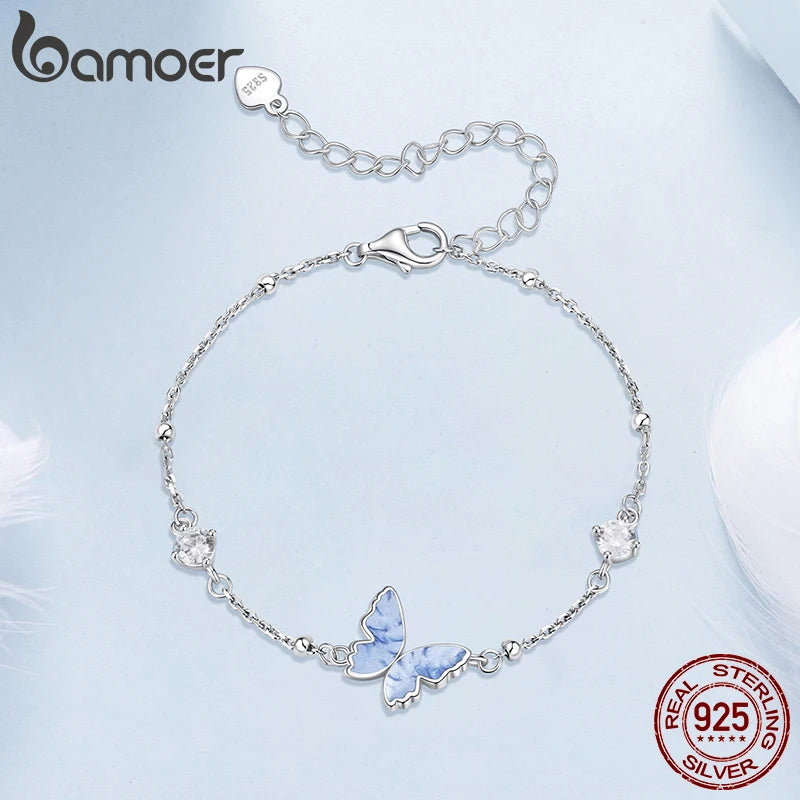 Bracelet Bamoer en argent sterling 925 avec breloque papillon, perles CZ légères et chaîne à maillons, cadeau pour femmes et adolescentes, ornement naturel pour le poignet