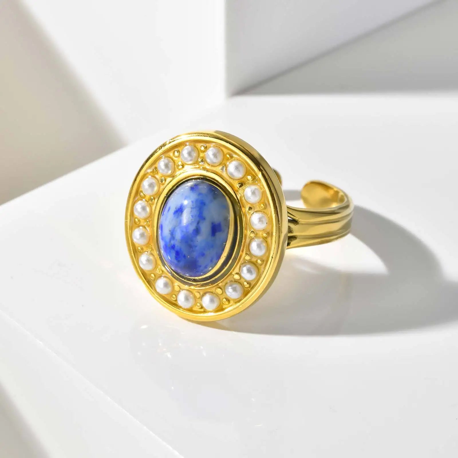 Vnox Brown Stone Eye-shaped Stainless Steel Rings Irregular Opening Trendy Rings  For Women Stone Finger Jewelry Never Lose