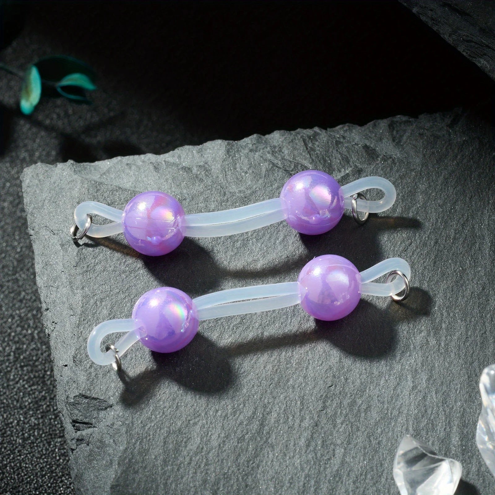 No-Piercing Bead Chains - Pastel Purple, Pink, Iridescent Pink/Blue/Purple/, Adjustable Silicone Rings, Clip-On Jewelry