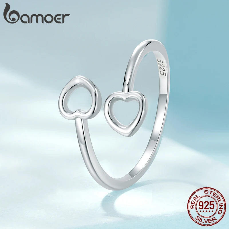 BAMOER 925 Sterling Silver Heart Open Adjustable Ring for Women Simple Stackable Band Rings SCR1091-E