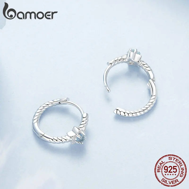 Bamoer Original 925 Sterling Silver Star Hoop Earrings Twist Ear Buckles Romantic For Women Girls Party Wedding Fine Jewelry