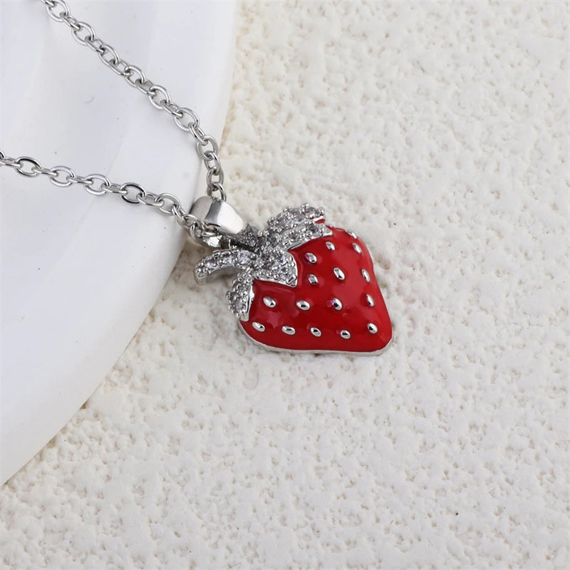 Stainless Steel Shiny Zircon Red Strawberry Pendant Necklace For Women Girls Romantic Flower Planet Tulip Choker Luxury Jewelry