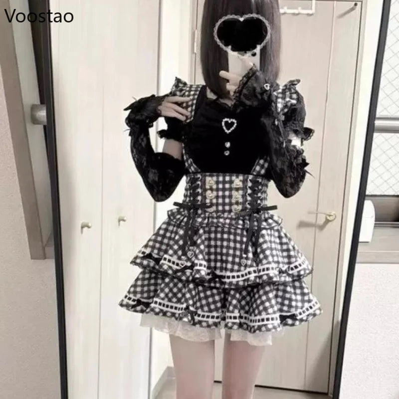 Japanese Gothic Lolita Style Rhinestone Bow Dress Shorts Set Women Sweet Cute Slim Plaid Strap Dress Elegant Kawaii Y2k Outfits