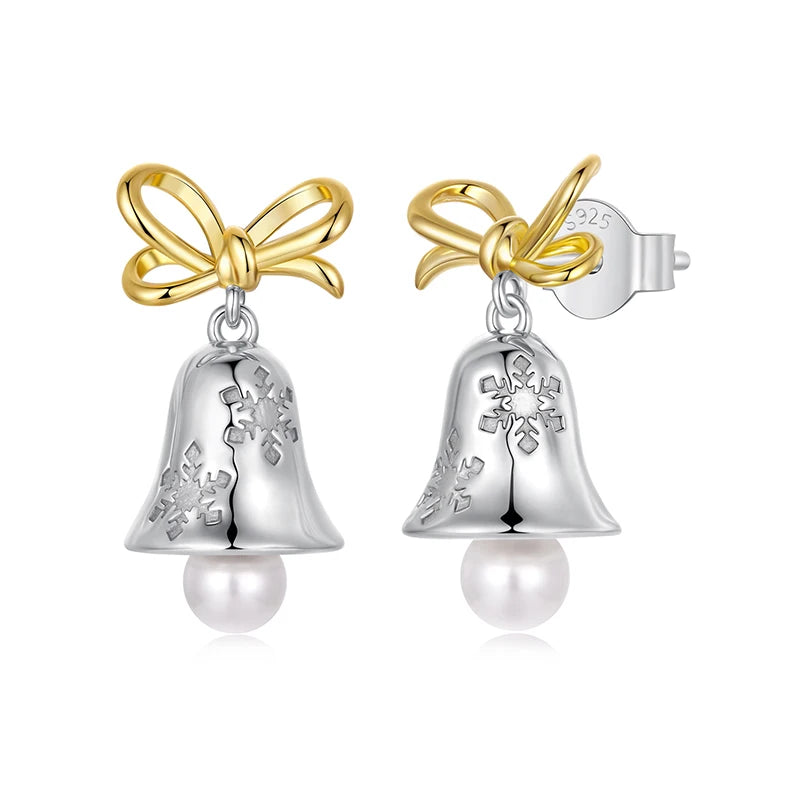 BAMOER 925 Sterling Silber Schneeflocken-Ohrstecker mit Glockenmotiv, Goldene Schleifen-Ohrhänger mit tanzenden Perlen für Damen und Mädchen – Weihnachtsgeschenk
