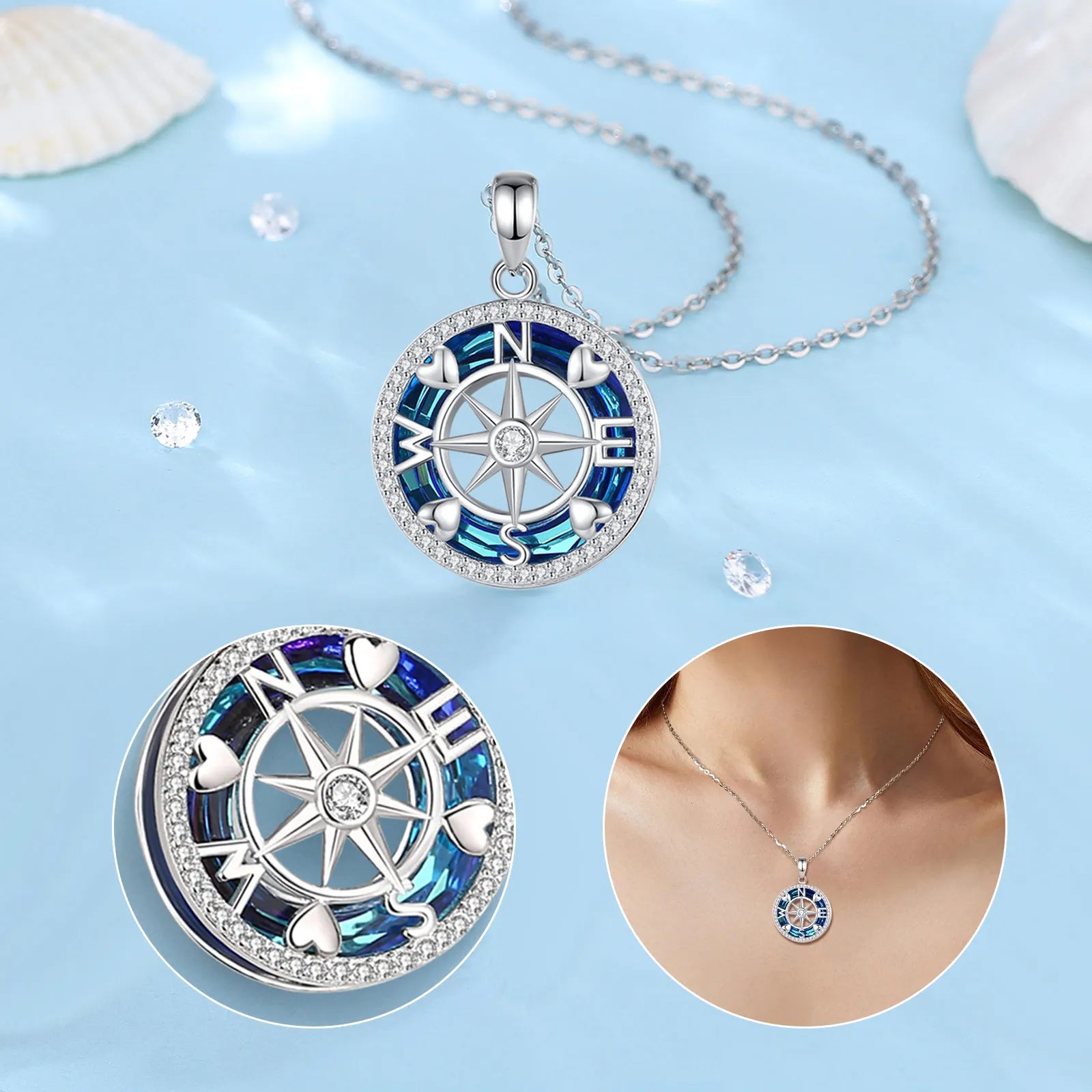 Sterling Silver with Austrian Crystal Compass Pendant Necklace - Madeinsea©