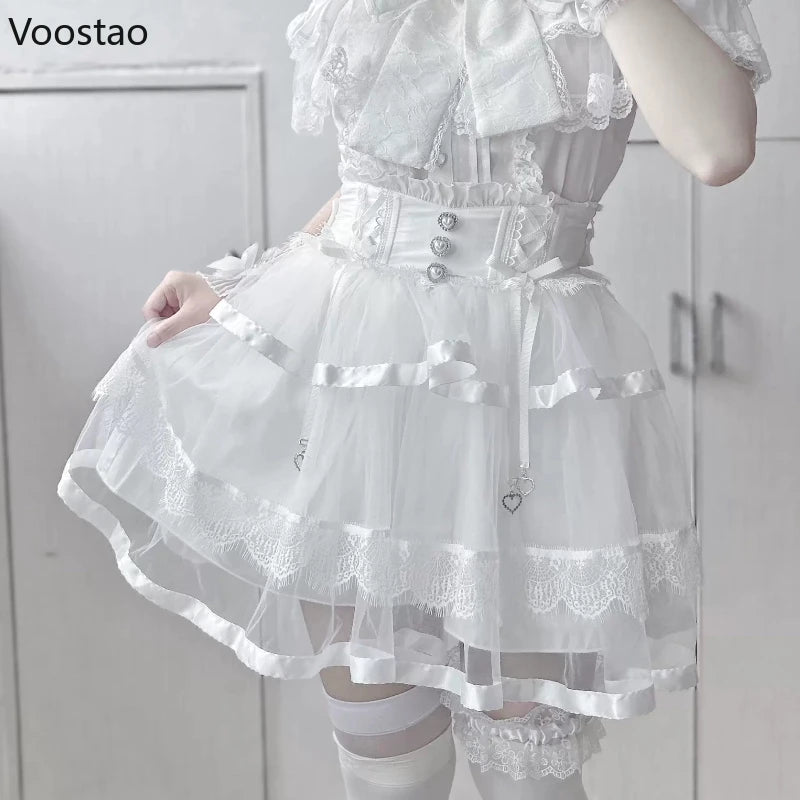 Japanese Gothic Lolita Style Rhinestone Mini Skirt Women Punk Slim Bandage Cake Skirt Girls Sweet Y2k Mesh Skirts Faldas Mujer - Madeinsea©