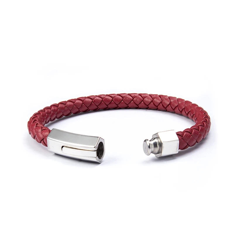 MKENDN 6 mm Klassisches, schlichtes rotes geflochtenes Lederarmband mit sechseckiger Edelstahlschließe – Schmuckstück für Damen, Herren und Paare – Geschenkidee